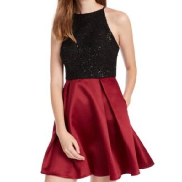 Speechless Black Sequin & Wine Red Fit & Flare Mini Dress 11 - Picture 1 of 6
